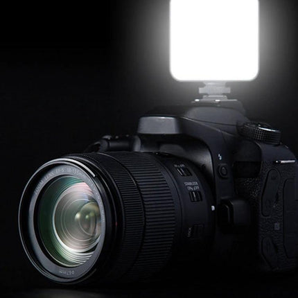 Light for Everyday Video Calls and Home Office Use LED panel mounted on DSLR to reduce shadows and brighten face and desk