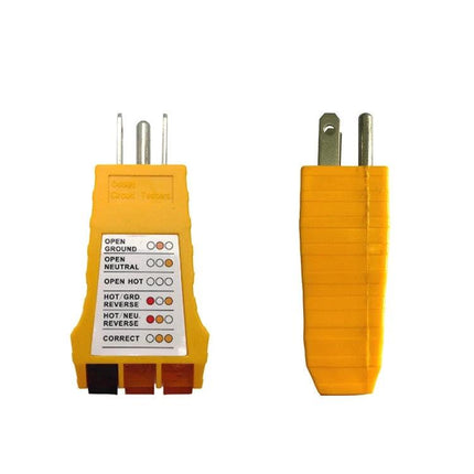 Portable US Plug Socket Tester for Electrical Safety Checks - yellow handheld tester showing prongs and wiring fault indicator diagram
