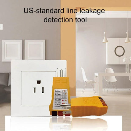 Portable US Plug Socket Tester for Electrical Safety Checks in front of US outlet verifying wiring and grounding