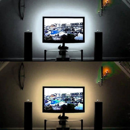 Alt Tag: USB LED Strip Light For TV Backlight And Desk Decor 5m showing white and warm white backlight behind a wall-mounted TV and speakers