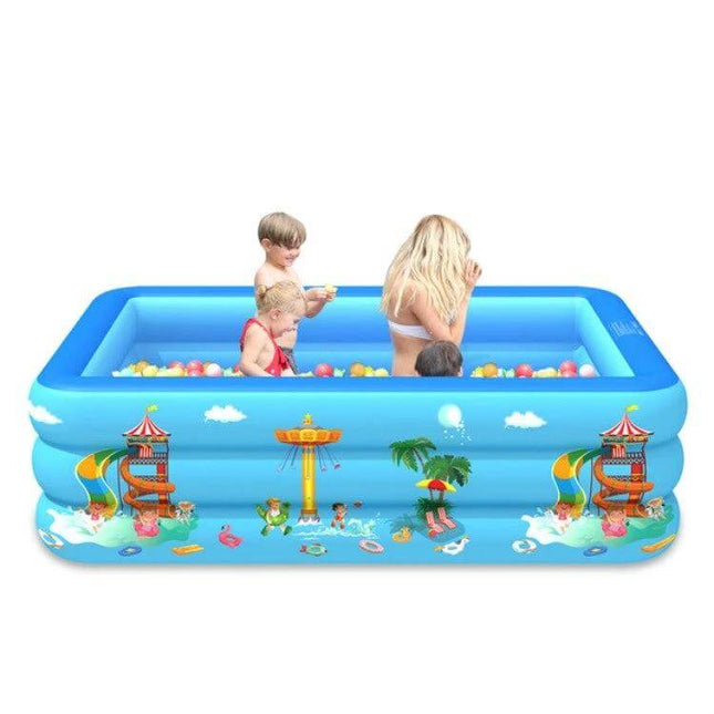 Kids Square Inflatable Pool For Indoor And Outdoor Use - blue PVC family pool with kids and colorful ball pit for supervised play