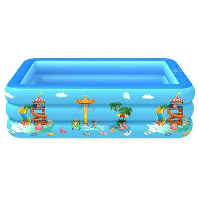 Kids Square Inflatable Pool For Indoor And Outdoor Use - blue PVC square kids pool with colorful waterpark print, multiple size options, uninflated