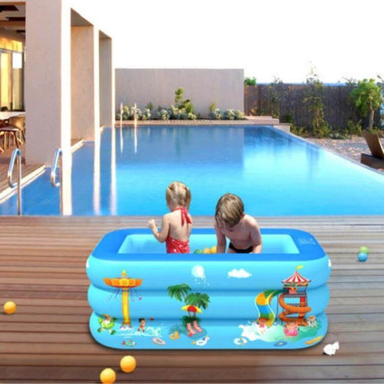 Kids Square Inflatable Pool For Indoor And Outdoor Use with two children playing in a blue PVC square kiddie pool on a deck