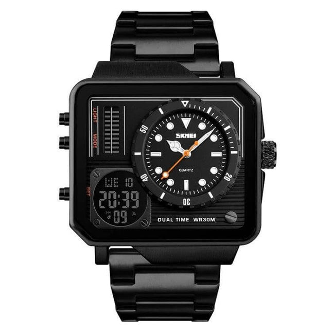 SKMEI Waterproof Sports Watch for Outdoor and Business Use black square dual analog-digital wristwatch with metal band