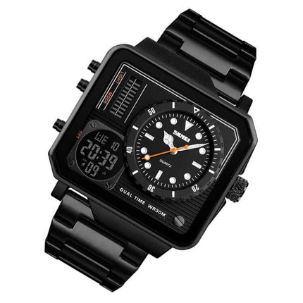 SKMEI Waterproof Sports Watch for Outdoor and Business Use — black dual analog-digital waterproof sports watch with metal band