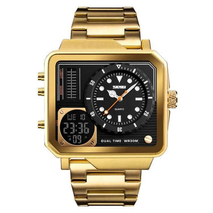 SKMEI Waterproof Sports Watch for Outdoor and Business Use - gold dual analog-digital square face with metal bracelet