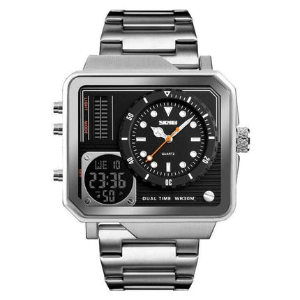 SKMEI Waterproof Sports Watch for Outdoor and Business Use - silver dual analog-digital square face with metal bracelet