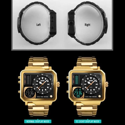 SKMEI Waterproof Sports Watch for Outdoor and Business Use — gold dual analog-digital face showing normal and EL light display modes