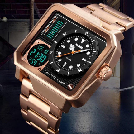 SKMEI Waterproof Sports Watch for Outdoor and Business Use rose gold dual analog-digital display on metal bracelet