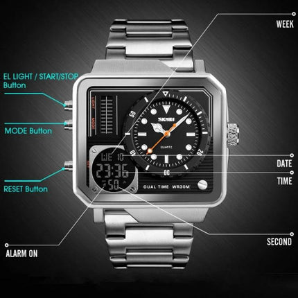 SKMEI Waterproof Sports Watch for Outdoor and Business Use showing analog-digital face, stainless steel band, buttons and labeled functions