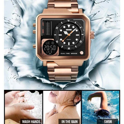 SKMEI Waterproof Sports Watch for Outdoor and Business Use rose gold dual-display watch showing analog and digital faces, water-resistant in swim and rain