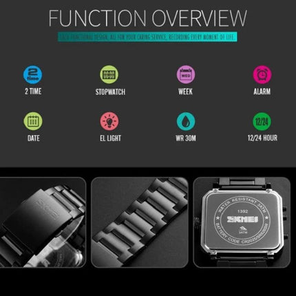 SKMEI Waterproof Sports Watch for Outdoor and Business Use showing function overview icons, metal band close-ups and back case