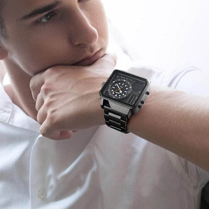 SKMEI Waterproof Sports Watch for Outdoor and Business Use - black metal analog-digital watch on man’s wrist, versatile for outdoor and business settings