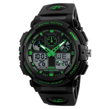 SKMEI Men's Waterproof Digital Watch for Outdoor Sports - black and green dual analog-digital sports watch, 30m water resistant, alarm and stopwatch