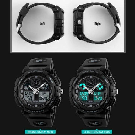 SKMEI Men's Waterproof Digital Watch for Outdoor Sports dual analog-digital black watch showing normal and EL light display modes