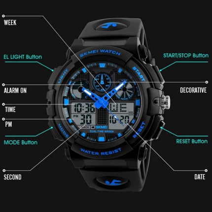 SKMEI Men's Waterproof Digital Watch for Outdoor Sports — black and blue analog-digital sports watch with labeled buttons and 30m water resistance