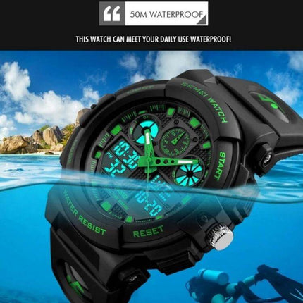 SKMEI Men's Waterproof Digital Watch for Outdoor Sports - black green hybrid analog-digital watch half-submerged in water, 30m swim-ready