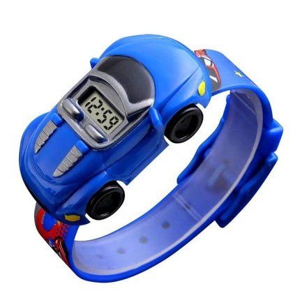 SKMEI Digital Watch with Cute Cartoon Car Design for Children - blue kids digital car-shaped watch showing time 12:59