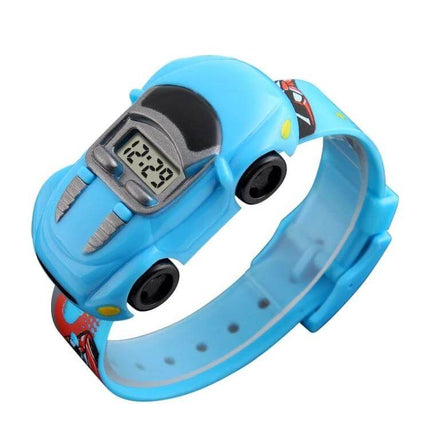 SKMEI Digital Watch with Cute Cartoon Car Design for Children - blue kids digital car-shaped watch showing time, playful school accessory