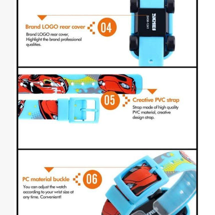 SKMEI Digital Watch with Cute Cartoon Car Design for Children — blue kids digital watch with colorful cartoon car strap and buckle