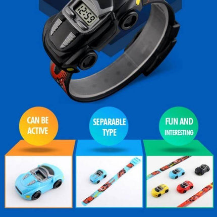 SKMEI Digital Watch with Cute Cartoon Car Design for Children showing black car-shaped digital kids watch and detachable car-themed strap