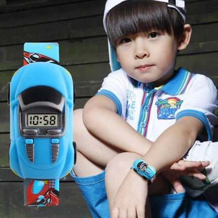 SKMEI Digital Watch with Cute Cartoon Car Design for Children on a boy's wrist showing digital time, blue car-shaped kids watch for school and play