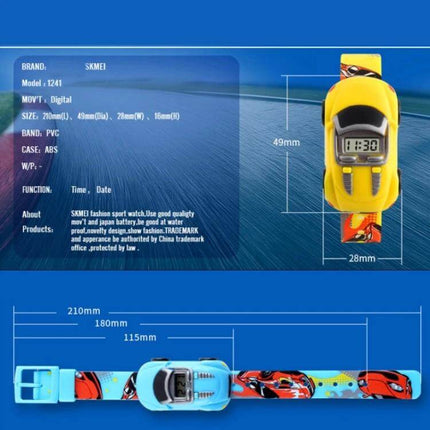 SKMEI Digital Watch with Cute Cartoon Car Design for Children - yellow toy car digital kids watch showing time and strap dimensions