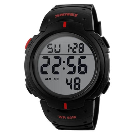 SKMEI Men's Waterproof Digital Watch for Everyday Outdoor Use - black digital sports watch with large LCD, 50M water resistance, plastic strap and durable case