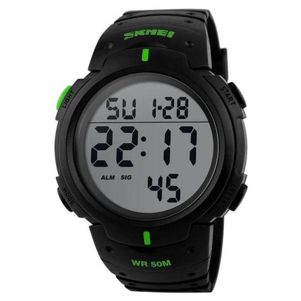 SKMEI Men's Waterproof Digital Watch for Everyday Outdoor Use - black digital sports watch with 50M water resistance and green accents