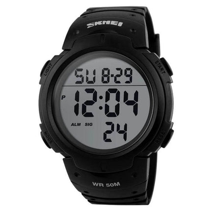 SKMEI Men's Waterproof Digital Watch for Everyday Outdoor Use black digital display showing time 12:04 and date, durable plastic strap, WR 50M