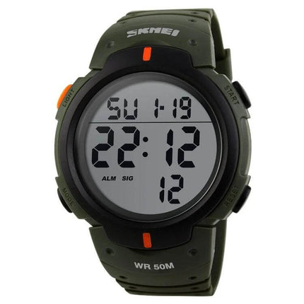 SKMEI Men's Waterproof Digital Watch for Everyday Outdoor Use - olive green rugged digital watch with 24-hour display and 50M water resistance