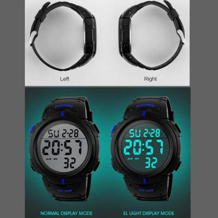 SKMEI Men's Waterproof Digital Watch for Everyday Outdoor Use - black rugged sport digital watch showing normal and EL light display modes