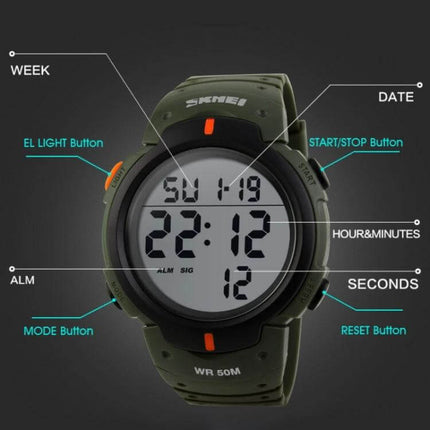 SKMEI Men's Waterproof Digital Watch for Everyday Outdoor Use - green rugged digital sports watch with EL light, mode, start/stop and reset buttons, 50M water resistance