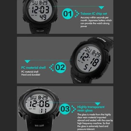 SKMEI Men's Waterproof Digital Watch for Everyday Outdoor Use – black durable plastic case and strap, 50m water resistant digital sport watch