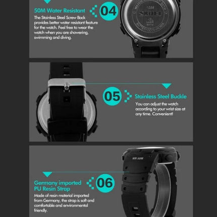 SKMEI Men's Waterproof Digital Watch for Everyday Outdoor Use showing back case, stainless steel buckle and PU resin strap details
