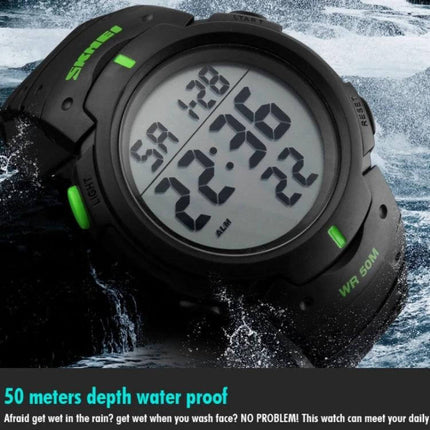 SKMEI Men's Waterproof Digital Watch for Everyday Outdoor Use — black durable digital watch, 50m water resistant for hiking, swimming and daily wear