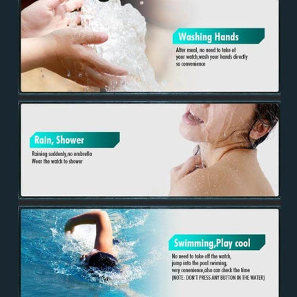 SKMEI Men's Waterproof Digital Watch for Everyday Outdoor Use showing washing, rain shower, and swimming usage