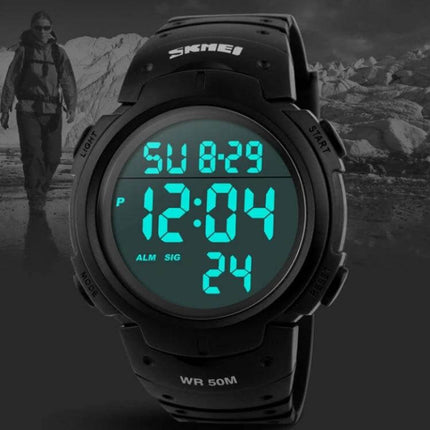 Alt Tag: SKMEI Men's Waterproof Digital Watch for Everyday Outdoor Use black digital display showing time, date and 50M water resistance