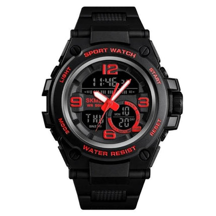 SKMEI Multifunctional Waterproof Sports Watch for Outdoors black and red analog-digital display, rugged 50m water resistant sports watch