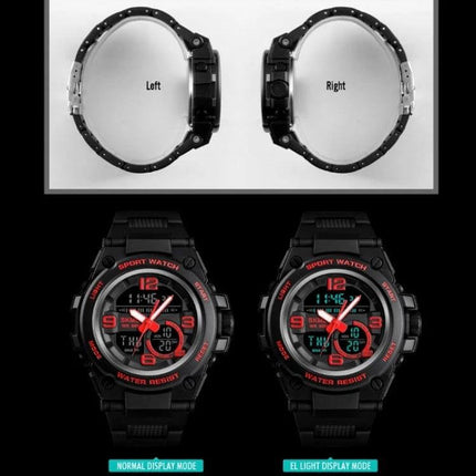 SKMEI Multifunctional Waterproof Sports Watch for Outdoors showing left/right side views and normal vs EL light display modes
