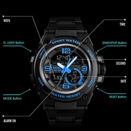 SKMEI Multifunctional Waterproof Sports Watch for Outdoors black digital analog watch showing buttons, modes, water resistant up to 50m