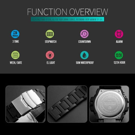 SKMEI Multifunctional Waterproof Sports Watch for Outdoors showing function overview icons and watch close-ups