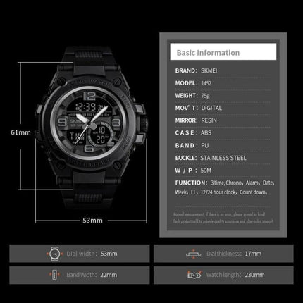 SKMEI Multifunctional Waterproof Sports Watch for Outdoors black rugged digital-analog sports watch with 50m water resistance and specs