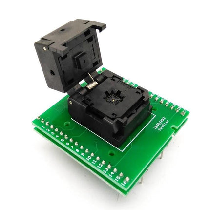 QFN32 Flip Shrapnel Test Socket for IC Programming and Testing on green breakout PCB for QFN32 chip