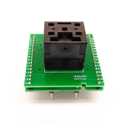 QFN32 Flip Shrapnel Test Socket for IC Programming and Testing shown mounted on green adapter PCB for chip programming and testing