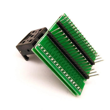 QFN32 Flip Shrapnel Test Socket for IC Programming and Testing - green PCB adapter with pin headers for QFN32 chip programming
