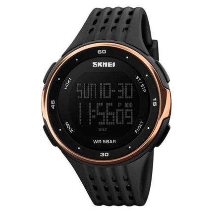 SKMEI Men's Multi-Function Electronic Watch for Outdoor Activities black digital sports watch with rose gold bezel, rubber strap, dual time and stopwatch