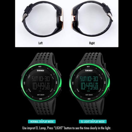 SKMEI Men's Multi-Function Electronic Watch for Outdoor Activities digital black watch front and side views with green bezel and dual display modes