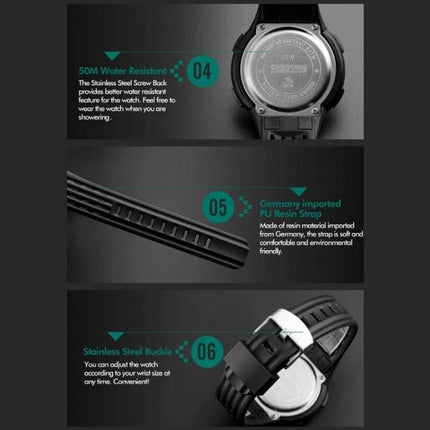 SKMEI Men's Multi-Function Electronic Watch for Outdoor Activities showing stainless steel back, 50M water resistance, Germany PU resin strap and stainless steel buckle