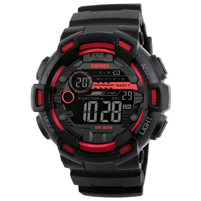 SKMEI Men's Digital Sports Watch for Outdoor Activities - black red rugged waterproof digital sports watch with alarm timer for hiking running